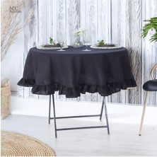 Siyah Keten Yuvarlak Fırfırlı Masa Örtüsü