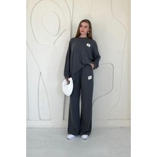 Elbee Fashion Woman Füme Klasik Fitilli Kazak ve Pantolon Takım