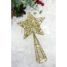 Yılbaşı Çam Ağacı Tepeliği Gold Renk Yıldız 25X15 cm Altın Sarısı Parlak Yeni Yıl Simli Tel Tepelik