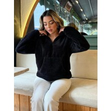Kadın Uzun Kollu Önden Fermuarlı Cepli Peluş Sweat