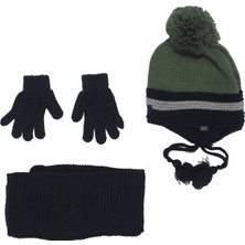 Bebegen Erkek Çocuk Laci Yeşil Ponponlu Triko Eldiven Atkı Bere Set 1-4 Yaş