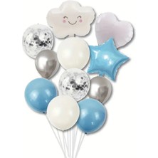 Konsept Sepeti 32 Adet Gümüş Konfetili Bebek Mavisi Doğum Günü Parti Balon Seti (Balon Bandı Hediyeli)