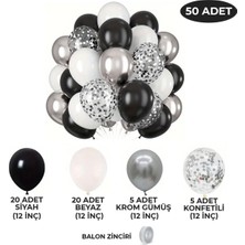 Konsept Sepeti 50 Adet Konfetili Krom Gümüş Siyah Beyaz Balon Zincir Seti (100'LÜ Balon Bandı Hediyeli)
