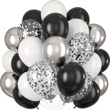 Konsept Sepeti 50 Adet Konfetili Krom Gümüş Siyah Beyaz Balon Zincir Seti (100'LÜ Balon Bandı Hediyeli)