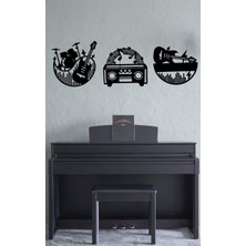 Aluradeco 3'lü Müzik Set Kaset Gitar Bateri Ahşap Duvar Dekoru