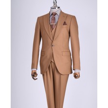 Italyan Stil Slim Fit Ceket Yelek Pantolon Takım Elbise Kahverengi T13502