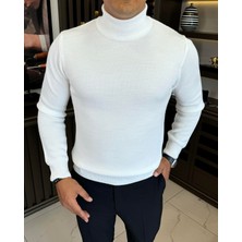 Italyan Stil Slim Fit Balıkçı Yaka Triko Erkek Kazak Ekru T13222
