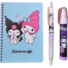 Kuromi 50 Yaprak A6 Not Defteri + 07 Uçlu Versatil Kalem + Yumurtlayan Roket Silgi ( 3 lü Set ) Kromi