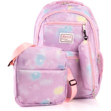 Ecrou 3 Parça Renkli Desenli Lila Yemek Çantası, Kalem Kutusu, Sırt  Çantası