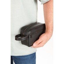 Newish Erkek Siyah Deri Portföy Clutch Traş Kozmetik Bakım ve Günlük El Çantası new269