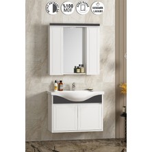 Lilyum 80 cm Beyaz-Antrasit Gri Mat Mdf PK-109 Balon Kapak Seramik Lavabolu Asma Banyo Dolabı Takımı