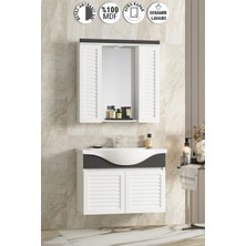 Lilyum 80 cm Beyaz-Antrasit Gri Mat Mdf Panjurlu Balon Kapak Seramik Lavabolu Asma Banyo Dolabı Takımı
