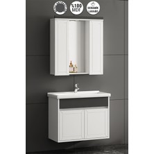 Çuha 80 cm Beyaz-Antrasit Gri Mdf PK-109 Balon Kapak Seramik Lavabolu Asma Banyo Dolabı Takımı