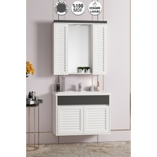 Çuha 80 cm Beyaz-Antrasit Gri Mdf Panjur Balon Kapak Seramik Lavabolu Asma Banyo Dolabı Takımı
