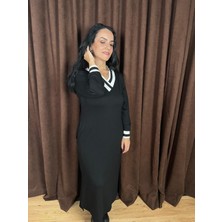 Moda Nesli Şeritli Ribana V Yaka Uzun Elbise