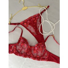 Glorialuxe Kadın Kalp Işlemeli Kırmızı Balenli Brode Sütyen Takımı 2 Parça Dantel Desen ile Şık Tasarım