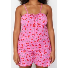 FRM Kadın Moda Şık Büyük Beden Straplez Boru Paça Uzun Kol Pamuklu Kirazlı Örme Pijama Takımı