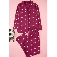 FRM Kadın Moda Şık Büyük Beden Gömlek Yaka Geniş Paça Uzun Kol Vişne Kalpli Örme Pijama Takımı