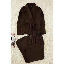 FRM Kadın Moda Şık Kruvaze Boru Paça Uzun Kol Kuşaklı Biyeli Viskon Dokuma Pijama Takımı