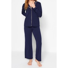 Kadın Moda Gömlek Yaka Boru Paça Uzun Kol Lacivert Pamuklu Biyeli Gömlek-Pantolon Örme Pijama Takımı
