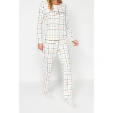 FRM Kadın Moda Bisiklet Yaka Boru Paça Uzun Kol  Pamuk Ekoseli Tshirt-Pantolon Örme Pijama Takımı