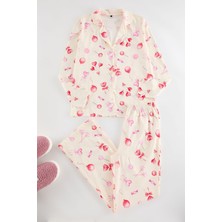 FRM Kadın Moda Şık Gömlek Yaka Geniş Paça Uzun Kol %100 Pamuklu Kalpli Örme Pijama Takımı