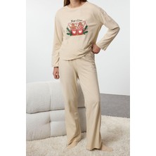 FRM Kadın Moda Şık Bisiklet Yaka Boru Paça Uzun Kol Kadın Yılbaşı Temalı Örme Pijama Takımı