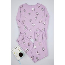 FRM Kadın Moda Bisiklet Yaka Boru Paça Uzun Kol 100 Pamuk Göz Desenli T-Shirt-Jogger Örme Pijama Takımı