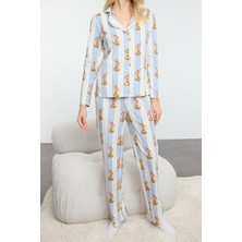 FRM Kadın Moda Şık Gömlek Yaka Boru Paça Uzun Kol  Pamuklu Çizgili Tavşan Desenli Örme Pijama Takımı