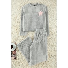 Kadın Bisiklet Yaka Boru Paça Uzun Kol Yıldız Nakışlı Çizgili Kışlık Wellsoft Örme Pijama Takımı