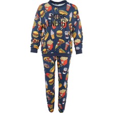 FRM Kadın Moda Şık Bisiklet Yaka Boru Paça Uzun Kol Nakışlı Desenli Sweatshirt-Jogger Örme Pijama Takımı