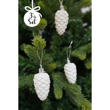 Mediterian Beyaz Simli Kozalak Yılbaşı Ağacı Süsü 3'lü Paket, Şık ve Parlak Dekorasyon Seçeneği