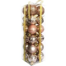 Mediterian Renkli Yılbaşı Top Süsleri, Parlak ve Simli, 24'lü, 4 cm, Şampanya Rengi