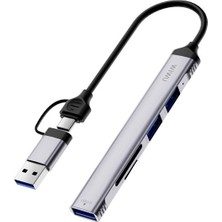 Wiwu 5in1 Type-C Usb-A Hub Çoğaltıcı Wiwu WI-HB003 Zolo Serisi Usb3.0 + Usb2.0 + Sd/tf Bağlantılı Gri