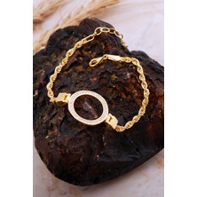 Sümer Telkari Çeyrek Çerçeveli Taşlı Halat Zincir Altın Kaplama Gümüş Bileklik 4724