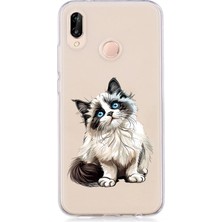 Zeyno Huawei P20 Lite Uyumlu Sevimli Kedi  Desenli Silikon Kılıf