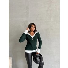 Nosia Fashion Geniş Polo Yaka Saç Örgü Kadın Triko Kazak