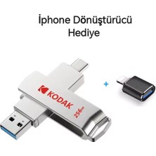 Kodak X203 450Mbs Yüksek Hızlı 256Gb.Type-C ve Usb 3.2 Type-C Girişli Tüm Cihazlara İphone 15/16 Serisine Uygun ve İphone Dönüştürücü Hediye Otg Flash Bellek Çift Giriş Metal Sağlam Orjinal