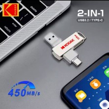 Kodak X203 450Mbs 128Gb.Type-C ve Usb 3.2 Type-C Girişli Tüm Cihazlara İphone 15/16 Serisine Uygun ve iphone Dönüştürücü Hediye Yüksek Hızlı Otg Flash Bellek Çift Giriş Metal Sağlam Orjinal