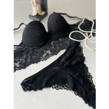 Krz - Balenli Dolgulu Dantel Büstiyer Takım - Siyah 75B