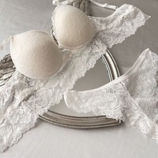 Krz - Balenli Dolgulu Dantel Büstiyer Takım - Beyaz 90B