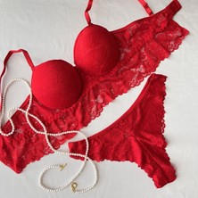 Krz - Balenli Dolgulu Dantel Büstiyer Takım - Kırmızı 90B