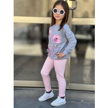 Kız Çocuk Eşofman Takımı Pembe Renk Love Çiçek Baskı Fitilli Detaylı Alt Üst Takım