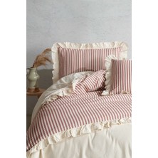 Sister Home Design Kırmızı Bej  Pamuk Fırfırlı Çift Kişilik Nevresim Takımı