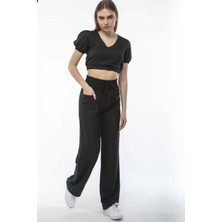 Renkli Kelebek Kadın Keten Pantalon Ve Crop Takım - Siyah