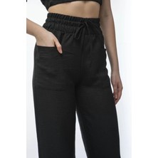 Renkli Kelebek Kadın Keten Pantalon Ve Crop Takım - Siyah