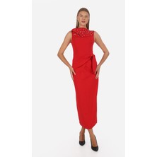 Suseb Degaje Yaka Aksesuarlı Aller Detaylı Uzun Elbise