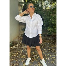 Beyaz Reglan Kollu Beli Lastik Detaylı Poplin Gömlek