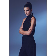 Sateen Kolsuz Parlak Bluz - Siyah