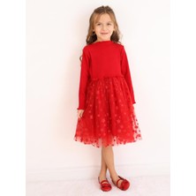 Kırmızı  Yıldız Baskılı Tül Etekli Kız Çocuk Elbise - Karen